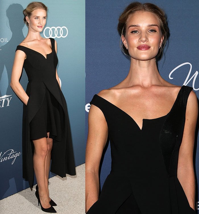 Rosie Huntington-Whiteley tucks her hands into the pockets of her Stella McCartney dress as she poses for photos