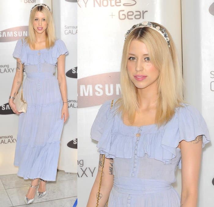 Peaches Geldof styled a pastel blue dress with silver metallic shoes and a crossbody bag