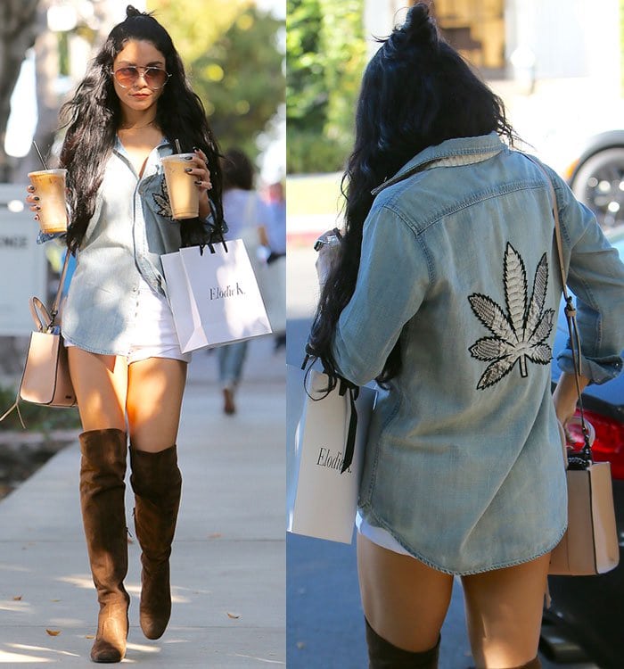 Vanessa shows off the decorative marijuana leaf on the back of her denim shirt