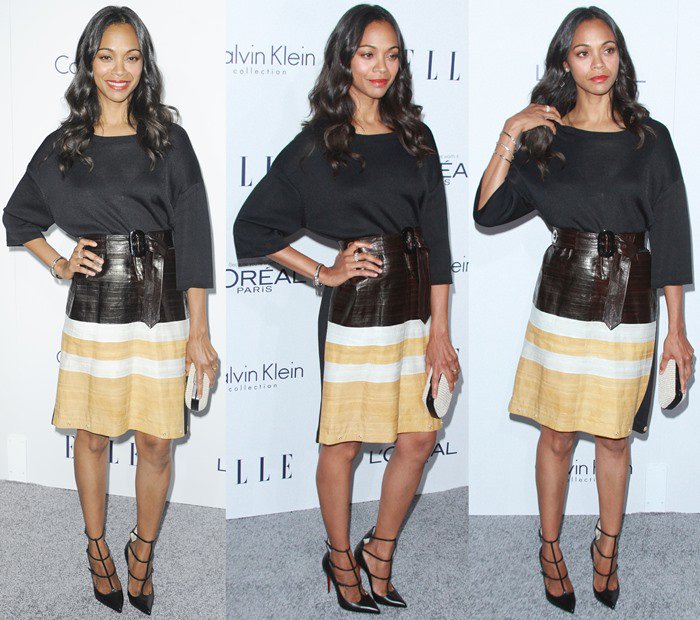 Zoe Saldana With Dark Long Hair in Top-and-Skirt Combo