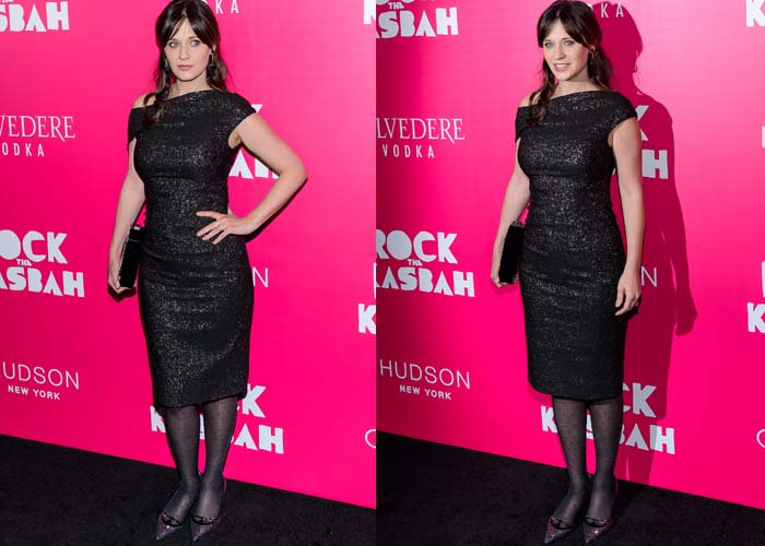 Zooey Deschanel wears a Lela Rose dress to the premiere of "Rock the Kasbah"