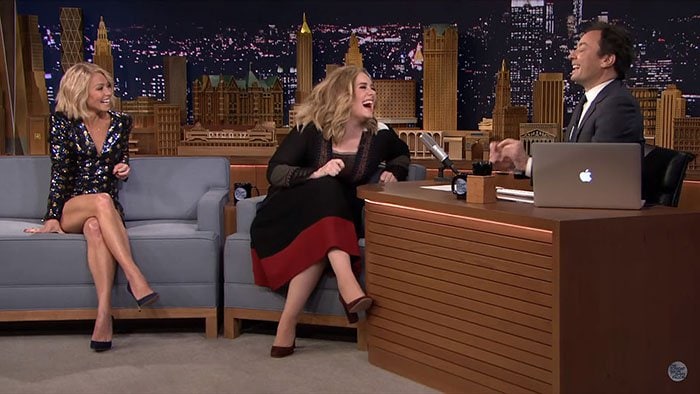 Adele wears a pair of Gianvito Rossi block-heel pumps for her guest appearance on "The Tonight Show Starring Jimmy Fallon"