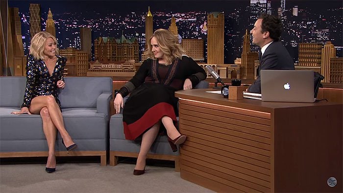 Talk show host Kelly Ripa and singer Adele during an interview with host Jimmy Fallon