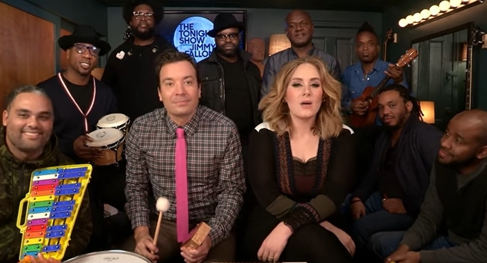 Adele performed her hit single "Hello" accompanied by Fallon and his house band, The Roots, on classroom instruments