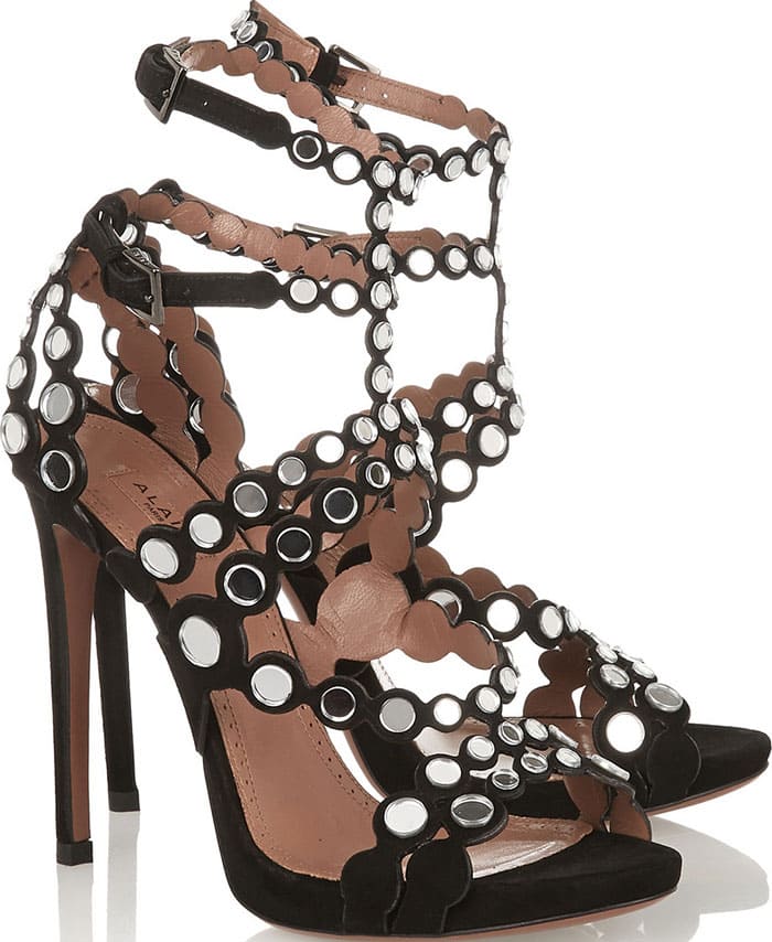 Alaïa Mirror-Embellished Laser-Cut Suede Sandals