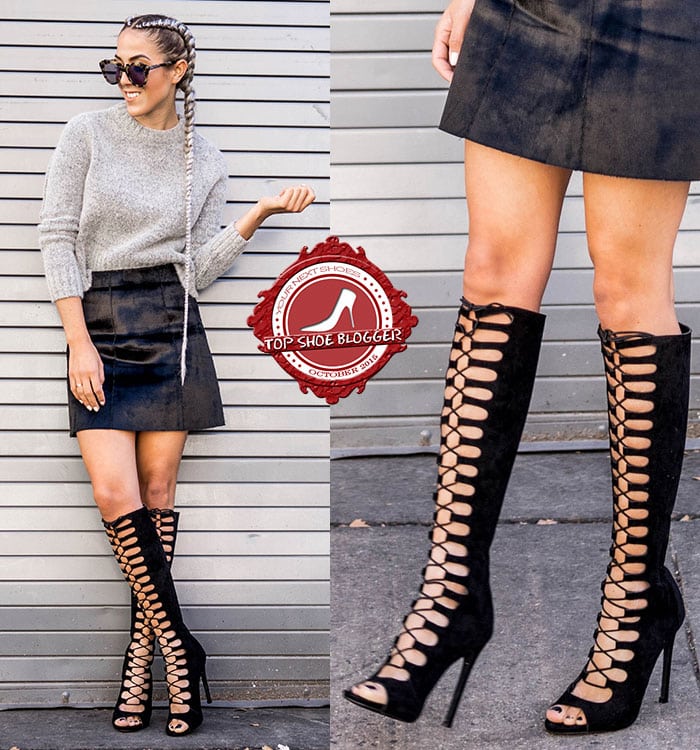 Alison styled knee-high gladiator boots with a miniskirt and a gray knit top