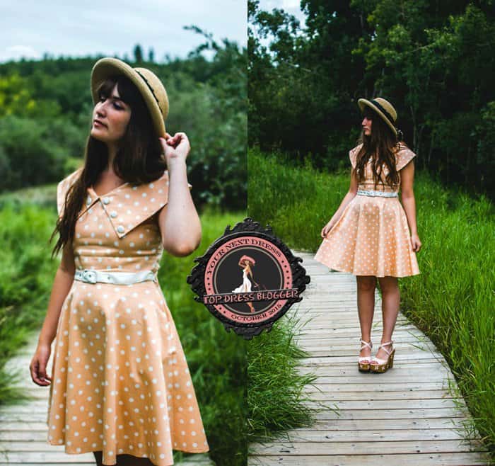 Amy goes for vintage in polka-dot dress and platform wedge sandals