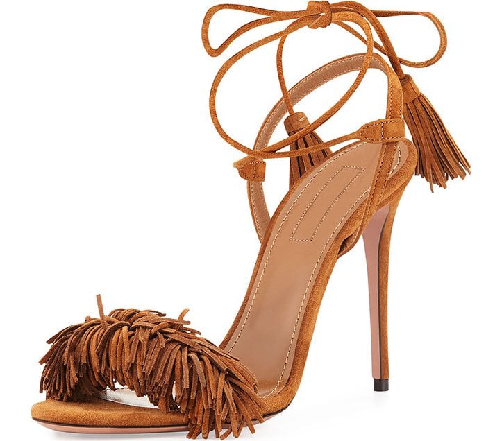 Aquazzura Wild Thing Suede Fringe Sandals Cognac