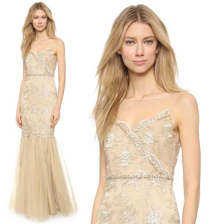 Badgley Mischka Collection Gold Cord Lace Gown in Gold