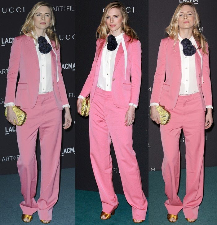 Brit Marling wears a pink Gucci suit at the LACMA Art+Film Gala