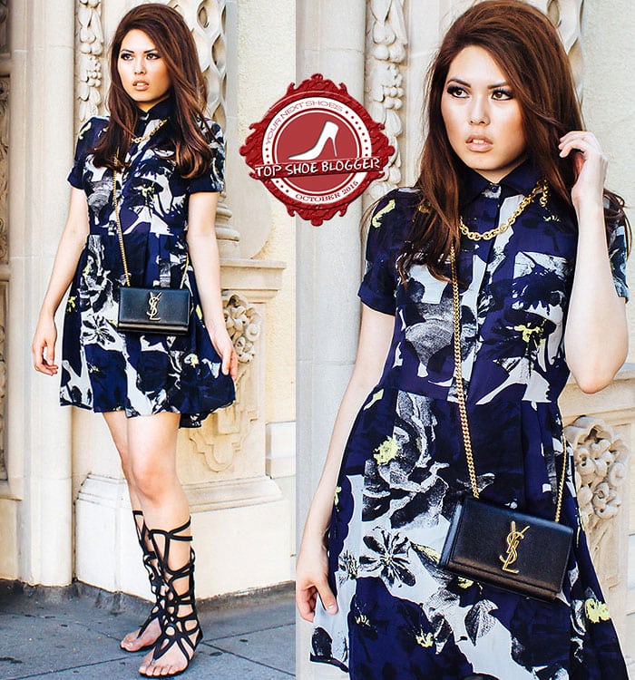 Careese flaunts her legs in a blue floral mini dress paired with black gladiator sandals