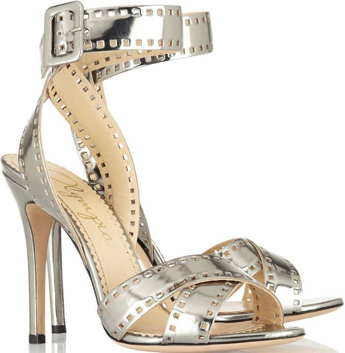 This silver metallic open toe sandal form Charlotte Olympia features a film roll motif at criss cross toe and ankle strap