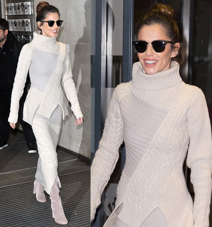 Cheryl Fernandez-Versini wears a patchwork chunky turtleneck and ankle-length skirt combination from Joseph