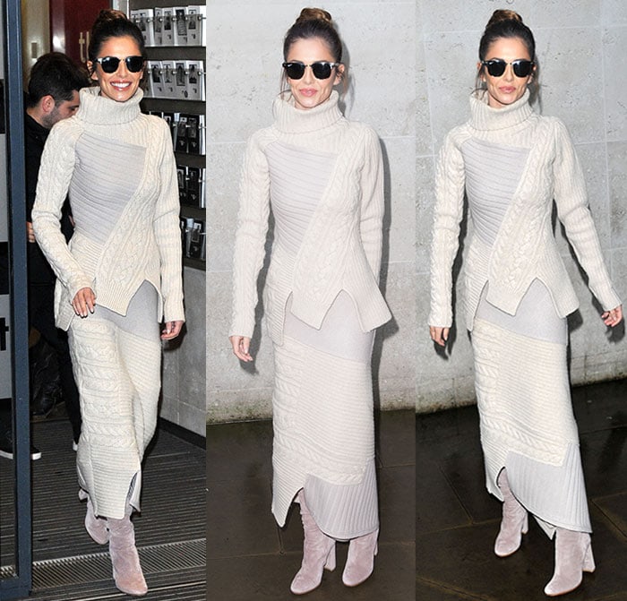 Cheryl Fernandez-Versini covers up in a chunky Joseph ensemble