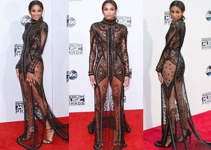 Ciara wears a sheer Reem Acra dress on the red carpet of the AMAs