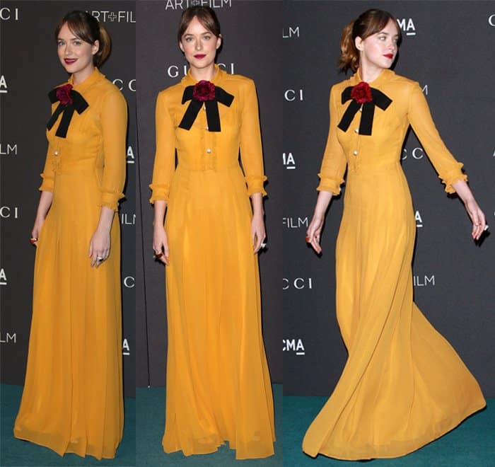 Dakota Johnson stuns in a saffron-colored Gucci Resort 2016 gown with a bold black bow and red floral accent at the LACMA 2015 Art + Film Gala