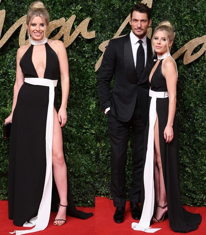 Mollie King turns heads in a bold black-and-white gown alongside David Gandy at the British Fashion Awards, showcasing her thigh-high slit and chic ankle-strap heels