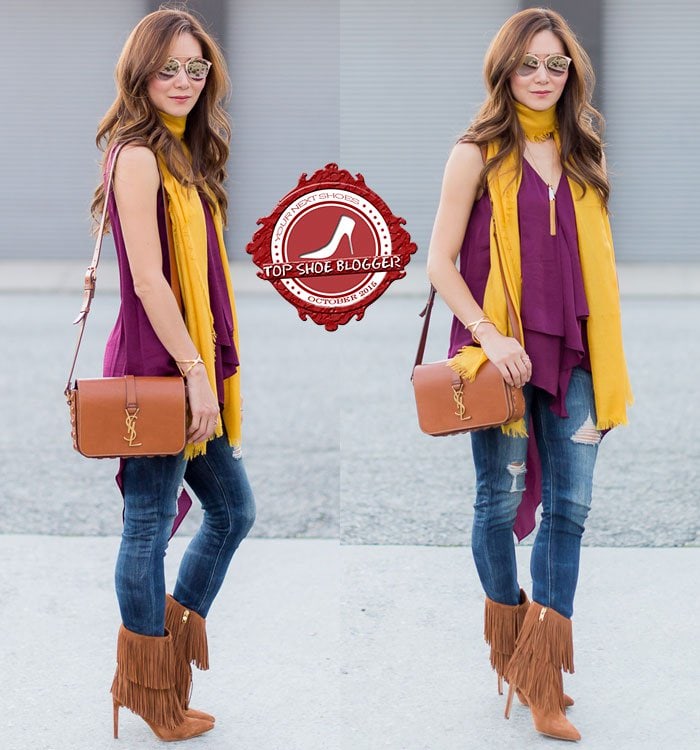 Elizabeth styled jeans with fringe boots, a wine-colored top, and a yellow scarf