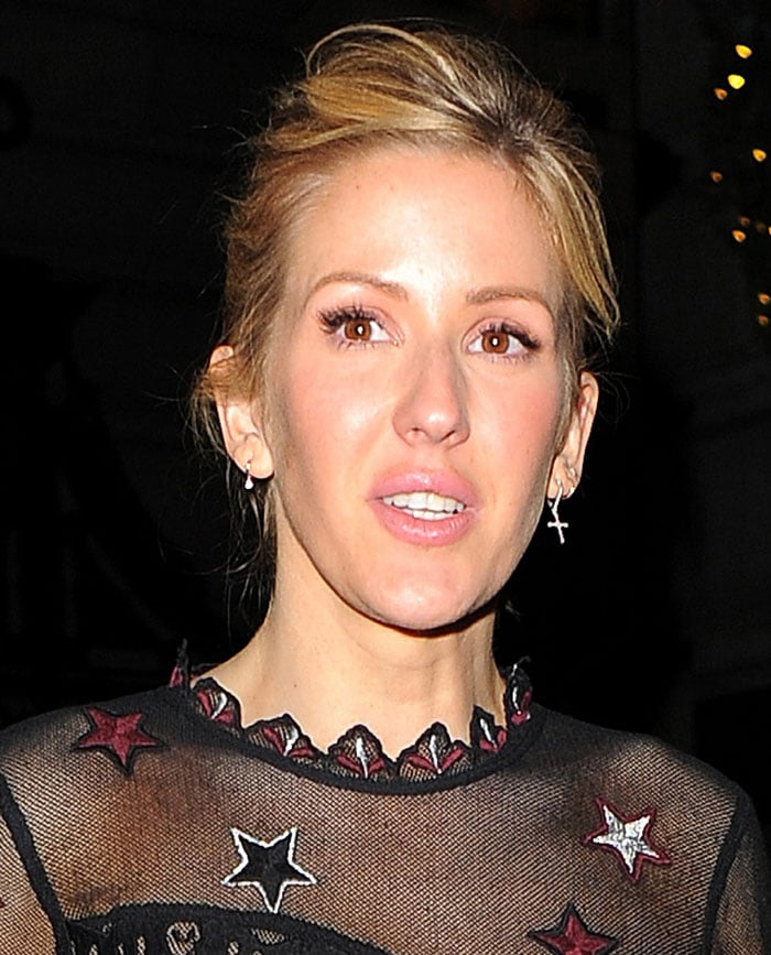 Ellie Goulding wears her hair up during a night out, leaving Rosewood London after her performance on TFI Friday