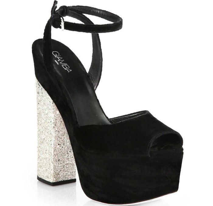 Giamba Glittered-Heel Velvet Suede Platform Sandals