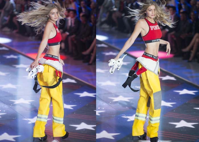 Gigi Hadid wears a firefighter-themed PINK costume on the runway of the Victoria's Secret Fashion Show