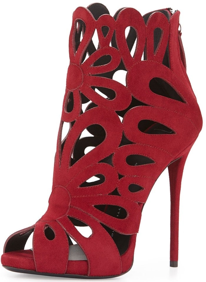 Giuseppe Zanotti Red Floral Cut-Out Suede Booties