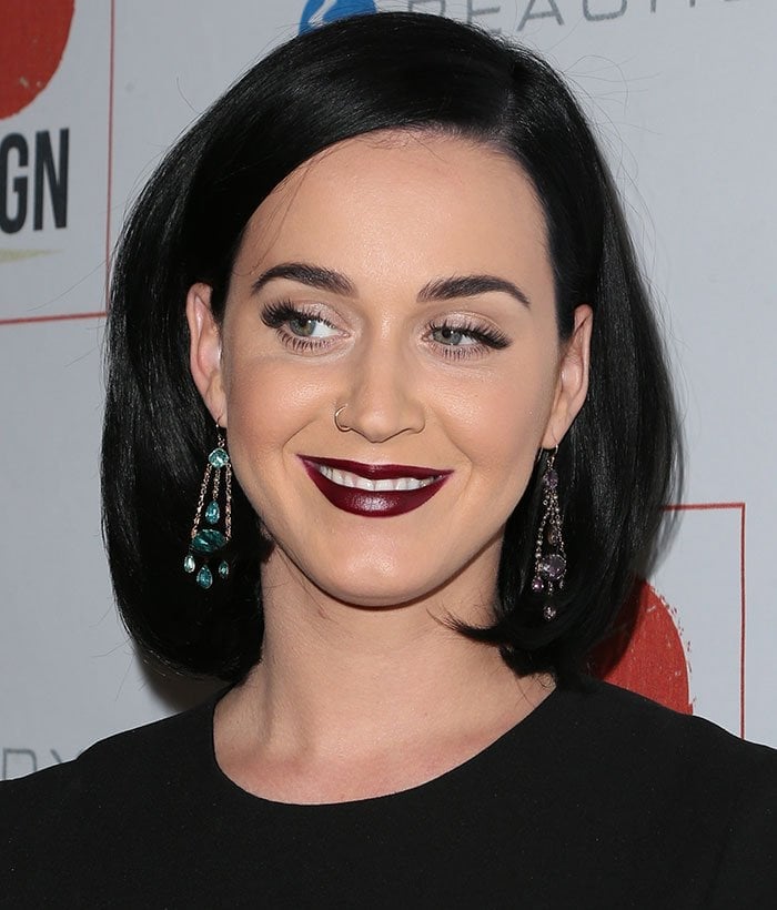 Katy Perry wears a nose ring and her dark hair in a bob at the 8th Annual GO Campaign Gala
