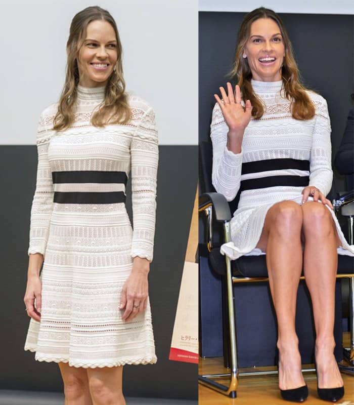 Hilary Swank wearing a lovely one piece knit dress from the Alexander McQueen Pre-Fall 2015 collection