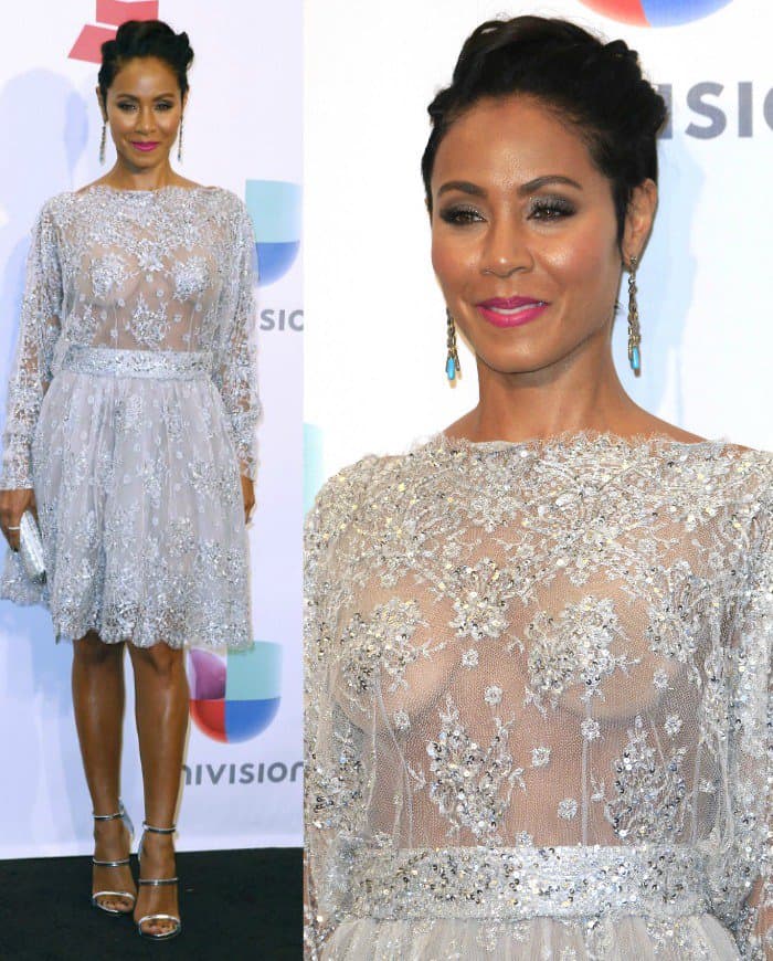 Braless and bold, Jada Pinkett Smith captivates in a sheer silver dress at the 2015 Latin Grammys, showcasing her confidence and style