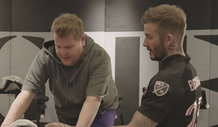 David Beckham takes his close friend James Corden to AARMY's Los Angeles Spin studio