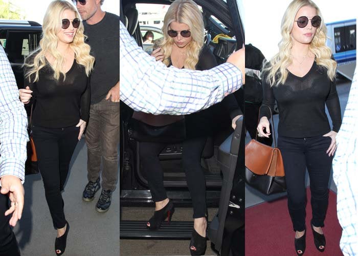 Jessica Simpson wears a dark pair of sunglasses and an all-black ensemble at LAX