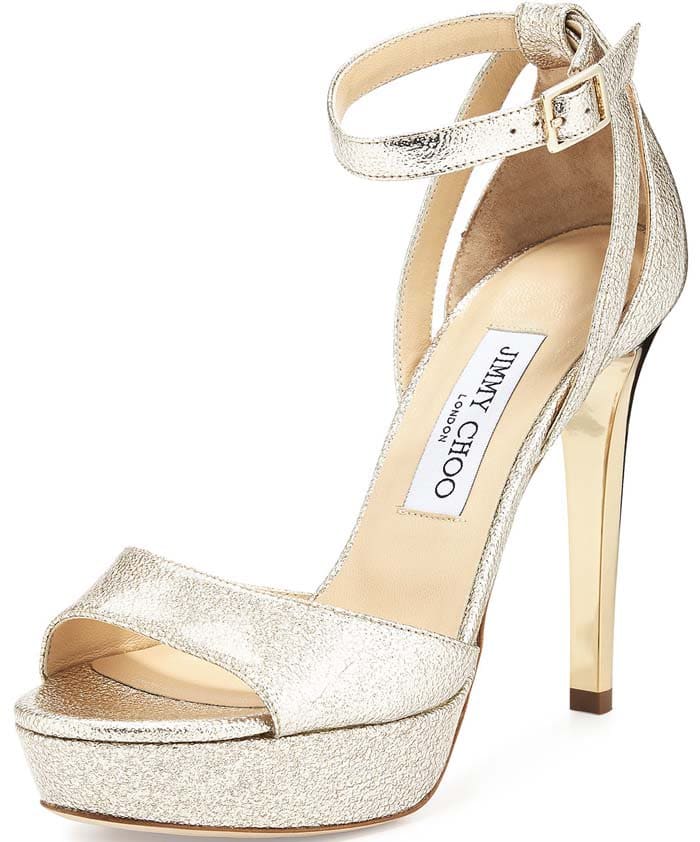 Jimmy Choo textured metallic patent sandal with 4.5" golden heel and tapered toe strap