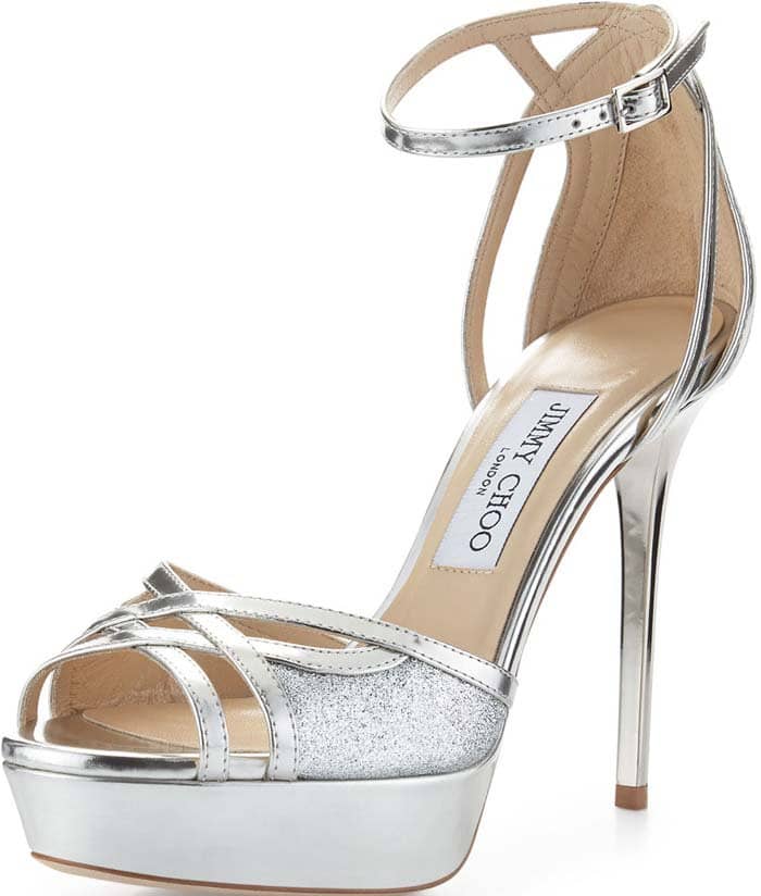 Jimmy Choo "Laurita" Metallic Glitter 115mm Sandal in Silver