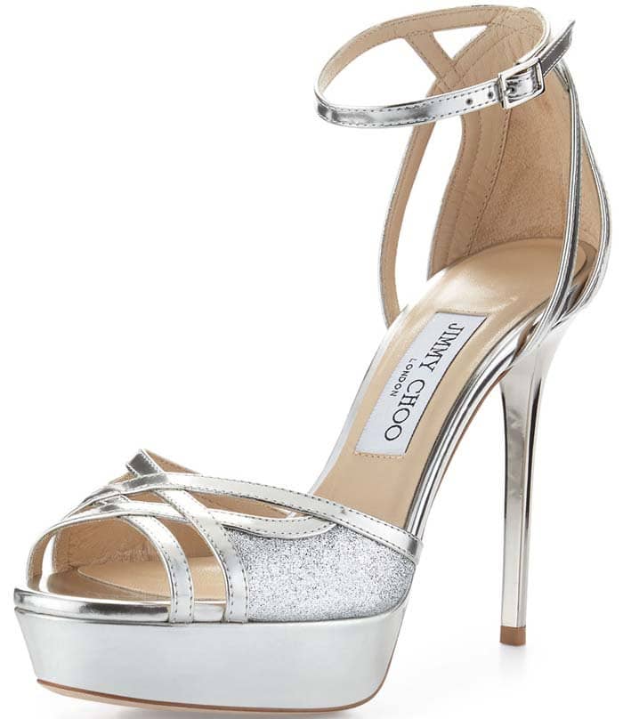 Jimmy Choo Laurita Metallic Glitter 115mm Sandal in Silver