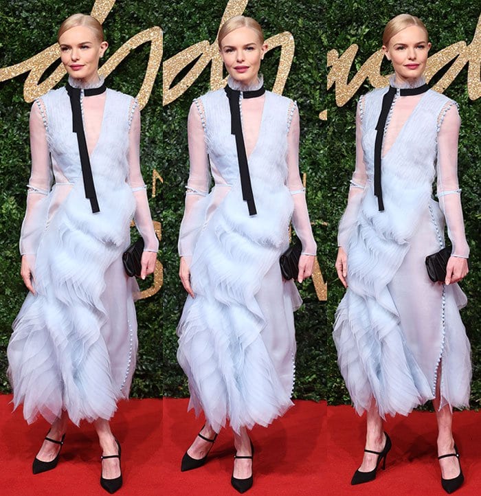 Kate Bosworth shows off her Tabitha Simmons pumps beneath her Erdem dress