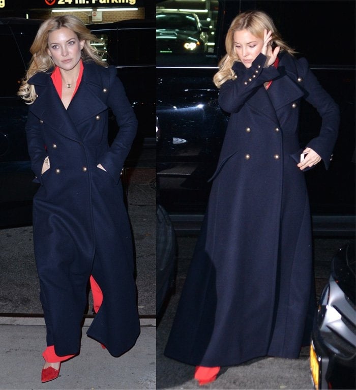 Kate Hudson wears a Chloe compact felted wool coat in navy