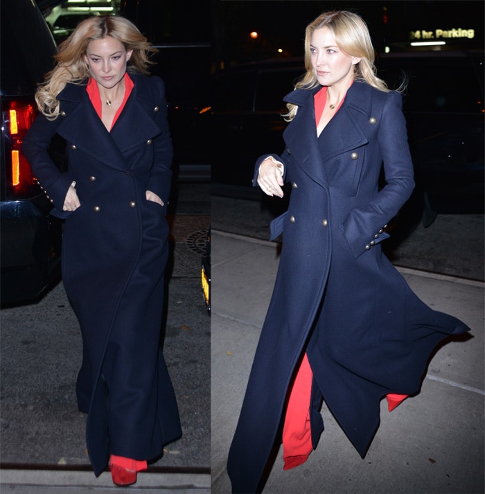 Kate Hudson wore a red sequin jumpsuit from Naeem Khan with a long blue coat