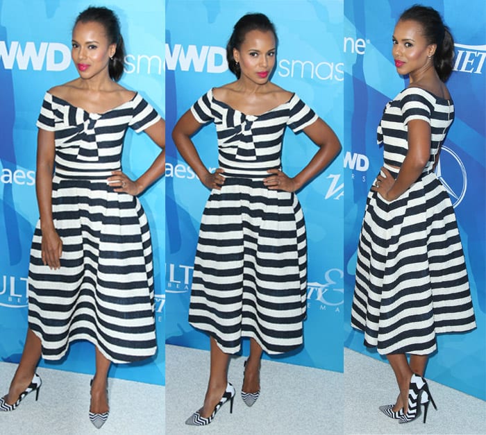 Kerry Washington rocked a black and white off-the-shoulder striped top with a matching skirt