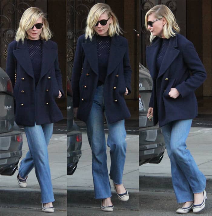 Kirsten Dunst at Villa Blanca Restaurant for lunch wearing rough-cut trousers with frayed ends