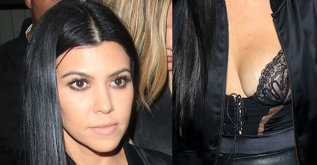 Kourtney Kardashian Flashes Nipples in Lace Corset Top & Leather Pants.