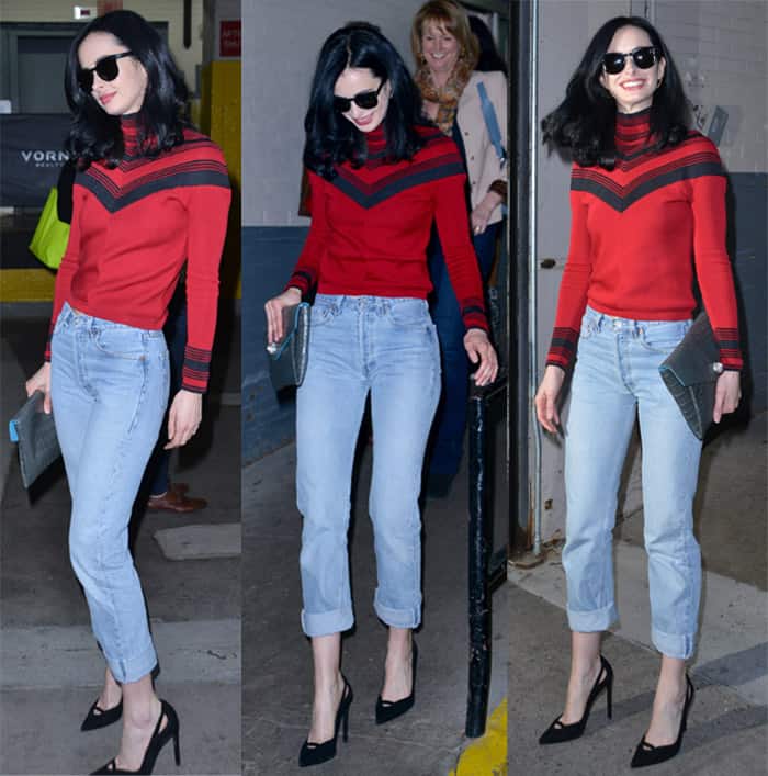 Krysten Ritter looked ready for the weekend in boyfriend jeans paired with a red sweater