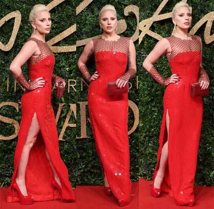 Lady Gaga stunned in a sleeveless custom red embroidered Tom Ford dress