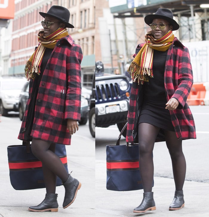 Lupita Nyong’o in Matt Benson Black Arrow ankle booties arrives for the matinee of ‘Eclipsed’