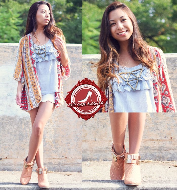 Melanie looked lovely in a printed kimono paired with white shorts and ankle booties