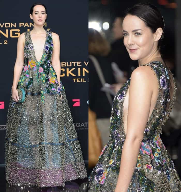 Jena Malone wore an embroidered gown from the Reem Acra Spring 2016 Collection