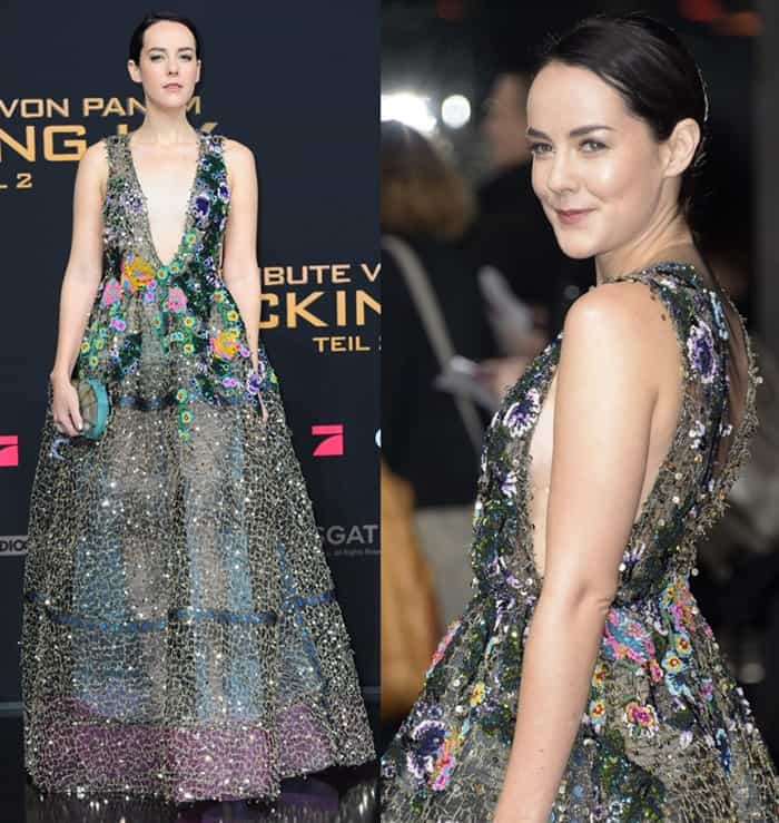 Jena Malone wore an embroidered gown from the Reem Acra  Spring 2016 Collection