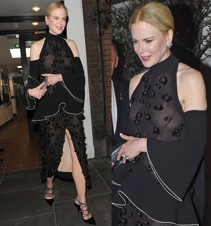 Nicole Kidman shows off the strange bell sleeve and peplum detailing on her Proenza Schouler dress
