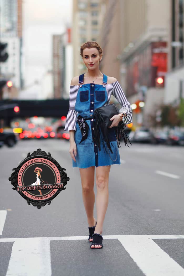 Noor styles her denim dungaree dress with a striped off-the-shoulder top