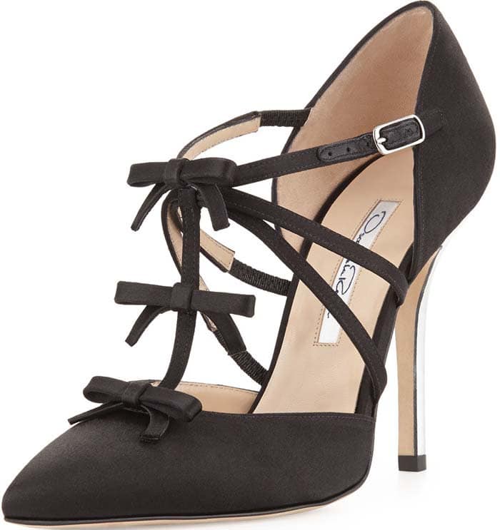 Oscar de la Renta "Alice" Satin T-Strap Bow Pump in Black