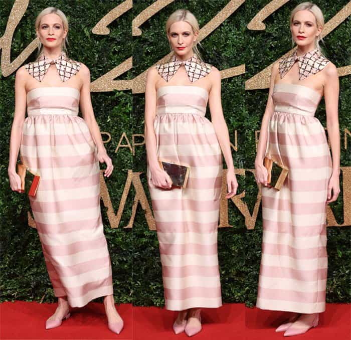 Poppy Delevingne embraced a playful yet sophisticated look in a pink and white striped Emilia Wickstead dress with a statement collar at the 2015 British Fashion Awards